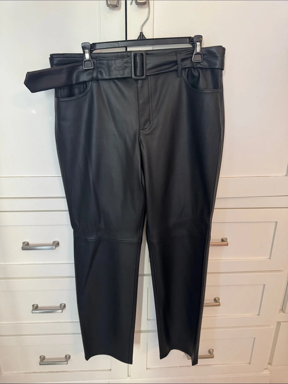 Ann Taylor Factory Black Faux Leather Belted Skirt with Rectangular Buckle